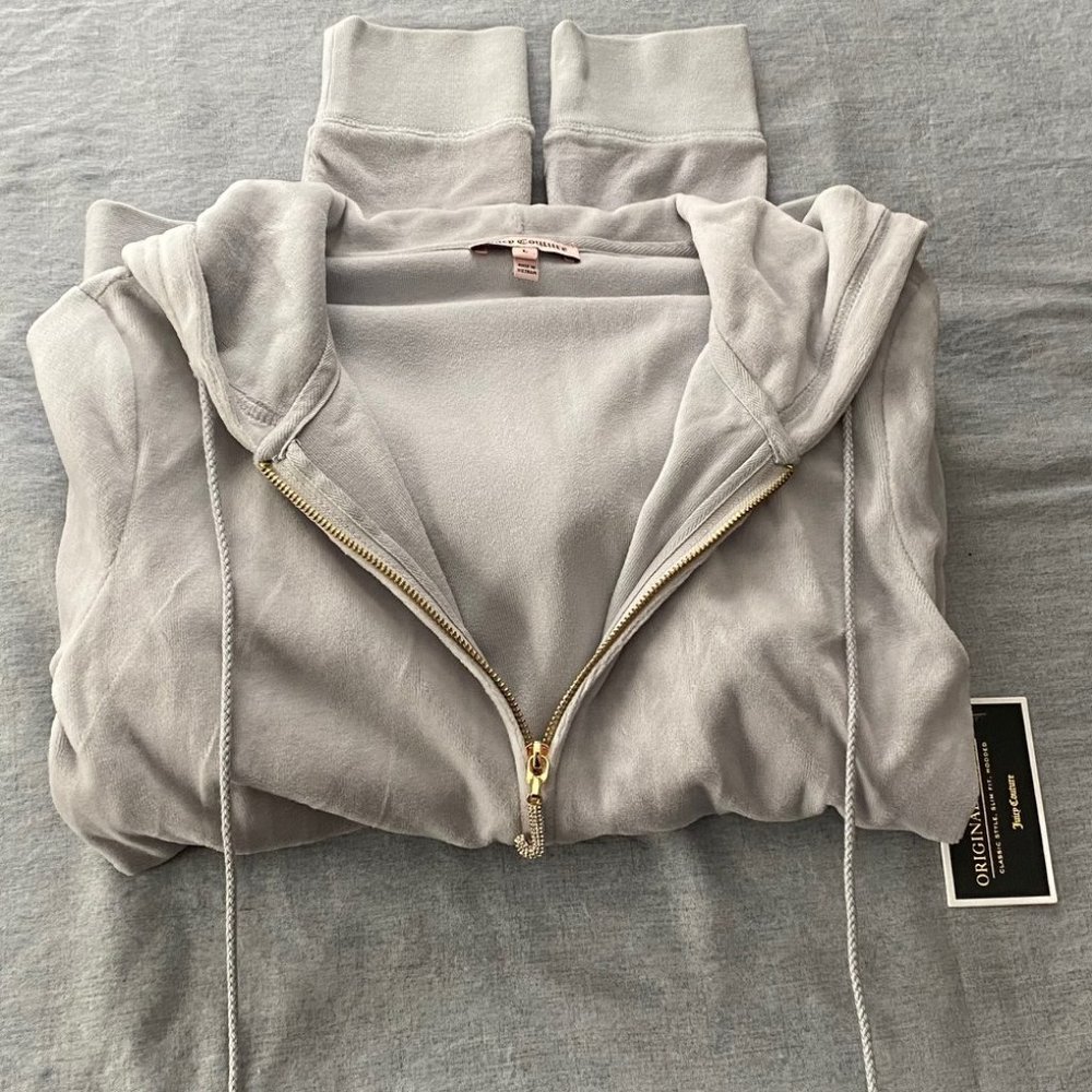 Juicy Couture Jeweled Pull Zippered Light Grey Velour Hoodie - Size Large